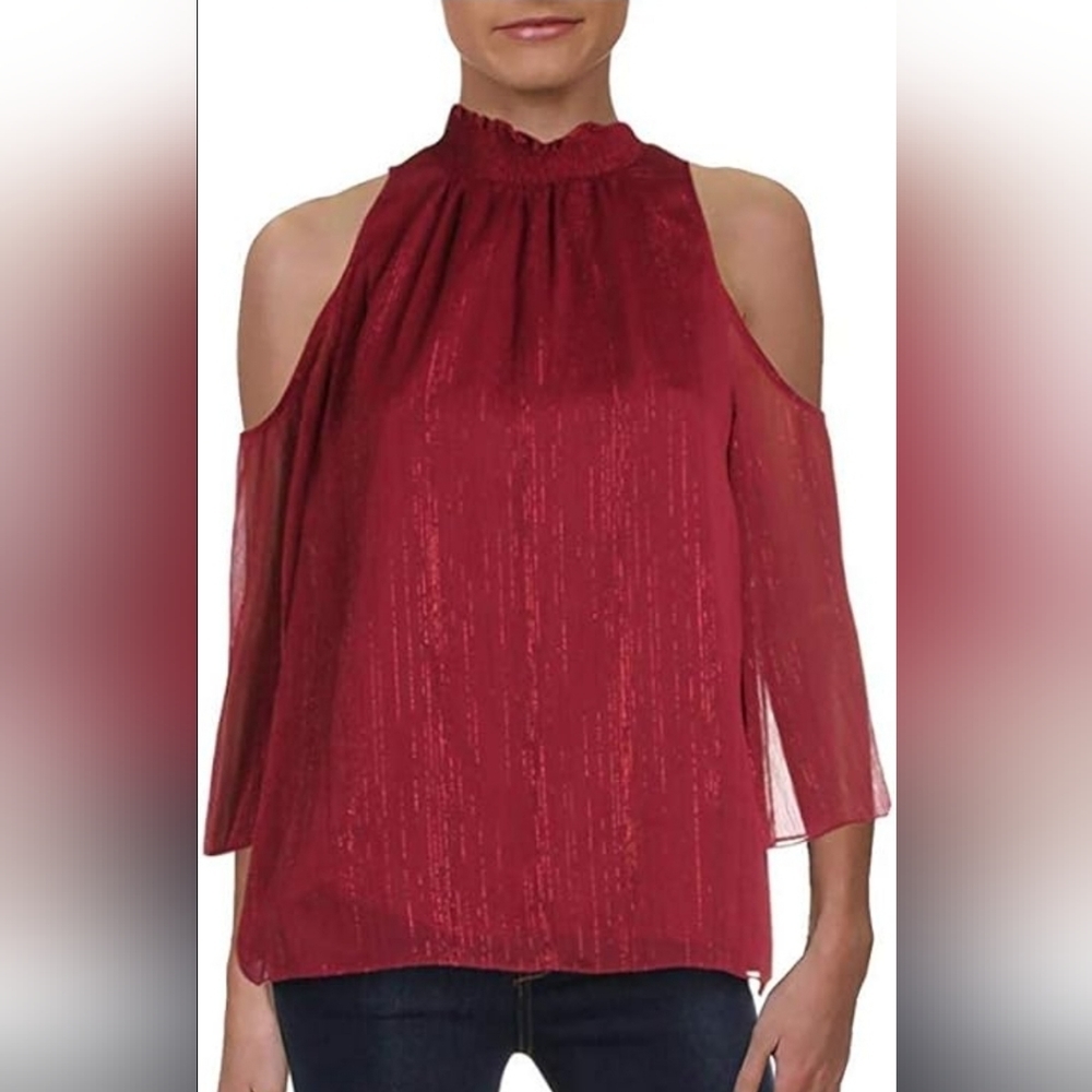 Rachel Zoe burgundy metallic cold shoulder blouse S - Picture 8 of 15